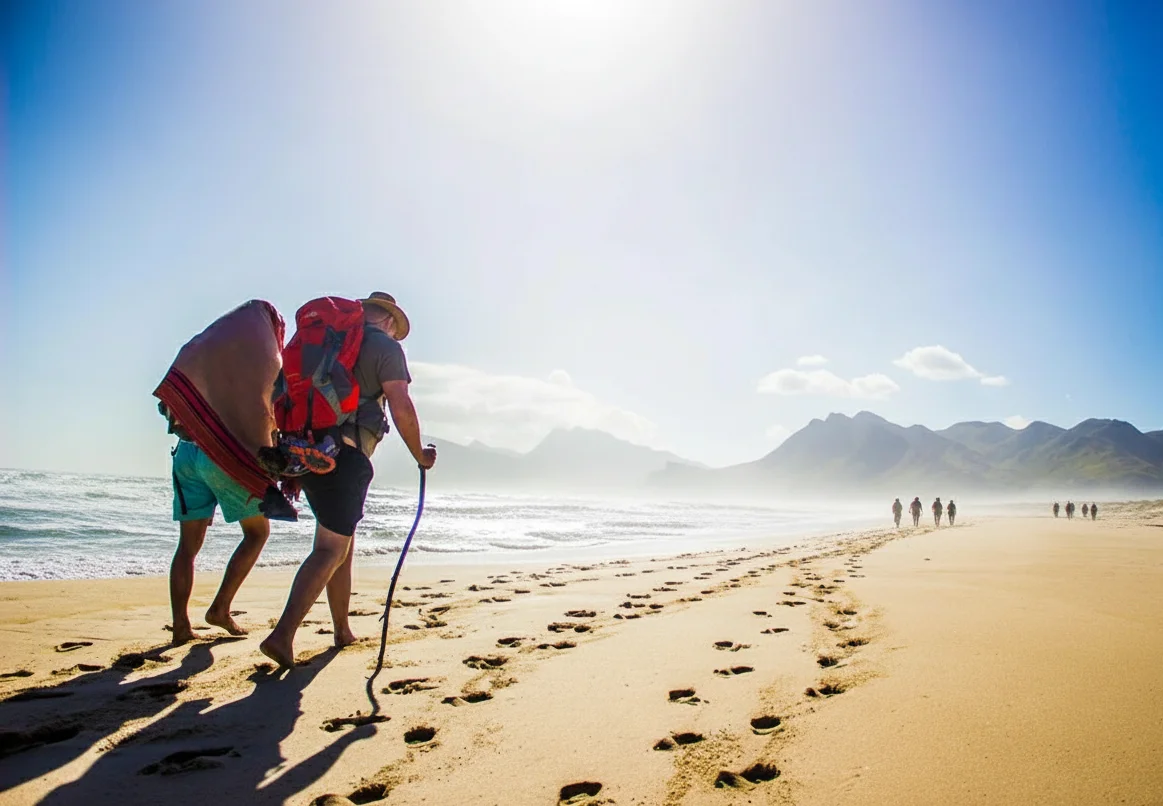 2 mens walking in the beach